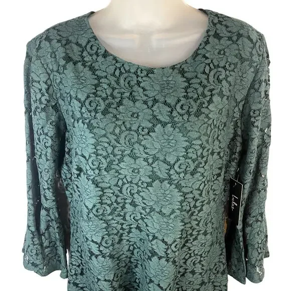 NWT Lulus Favorite Flair Forest Green Lace Flounce Sleeve Mini Dress Size Large - Picture 3 of 8